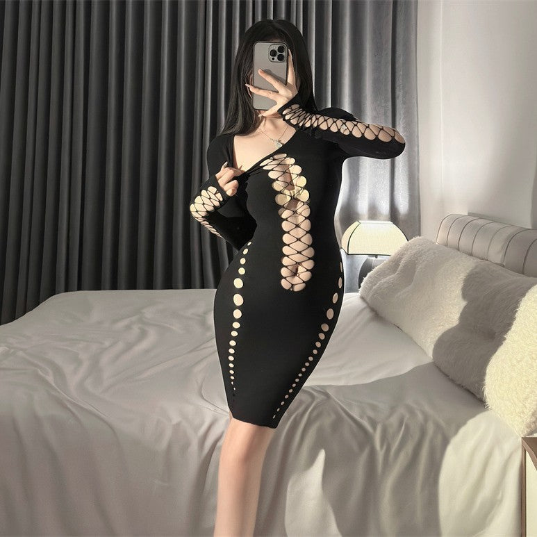 Hollow long-sleeved fishnet dress