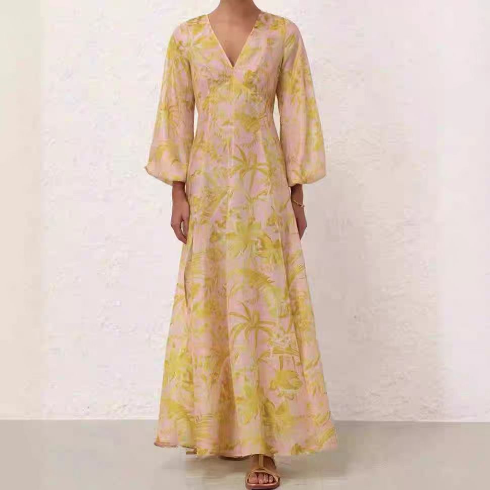 Zimmerma** Yellow Flower Print V-Neck Waist Lantern Long Sleeve Silk Dress