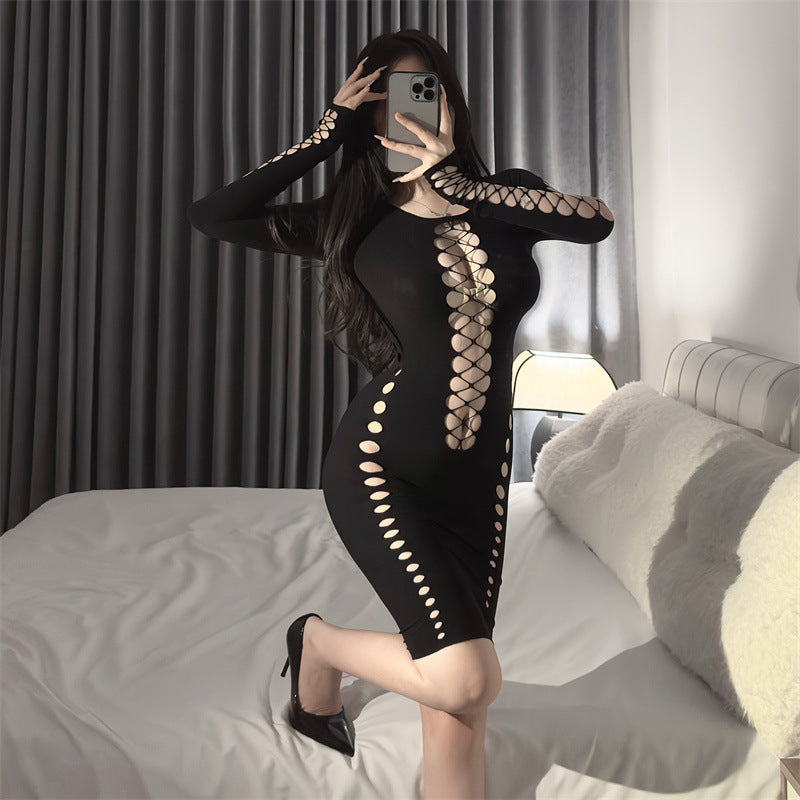 Hollow long-sleeved fishnet dress