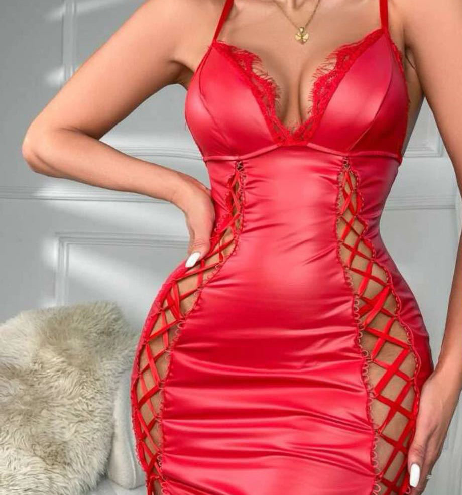 Skeleton Strappy Patent Leather Halter Dress