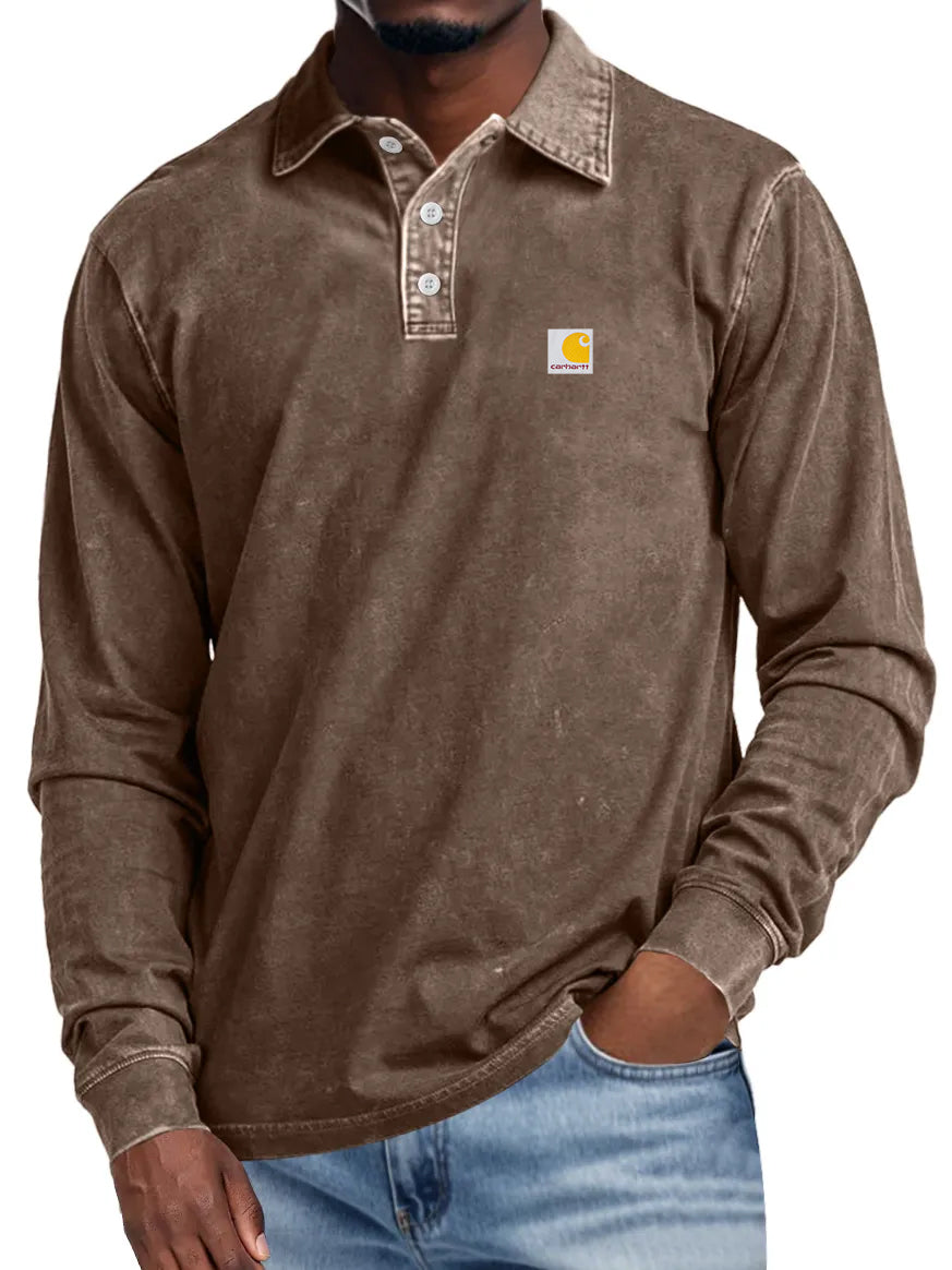 Men's Retro Lapel Button Casual Solid Color Long Sleeve Polo Shirt