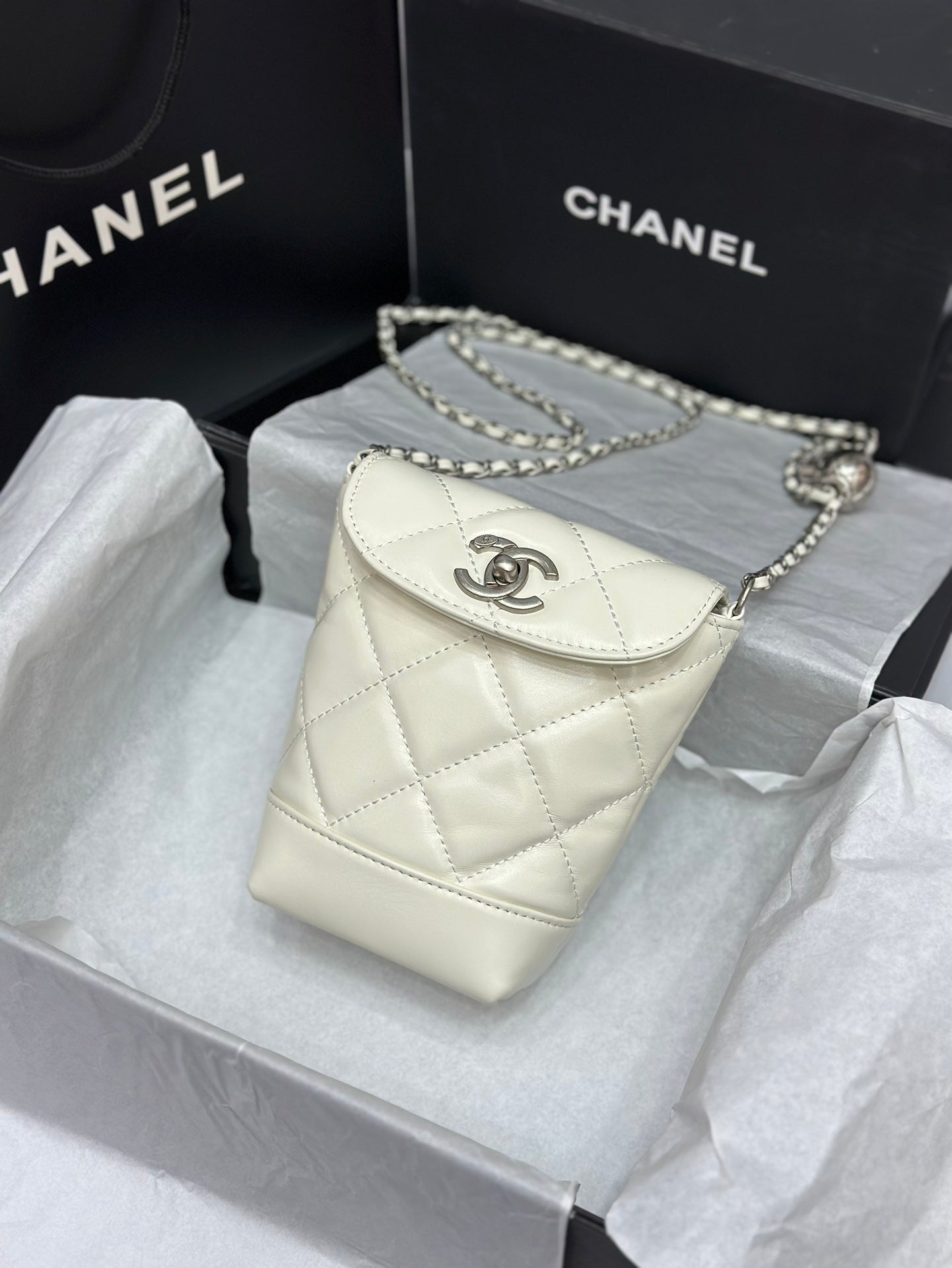 CHA* silver chain mobile phone bag