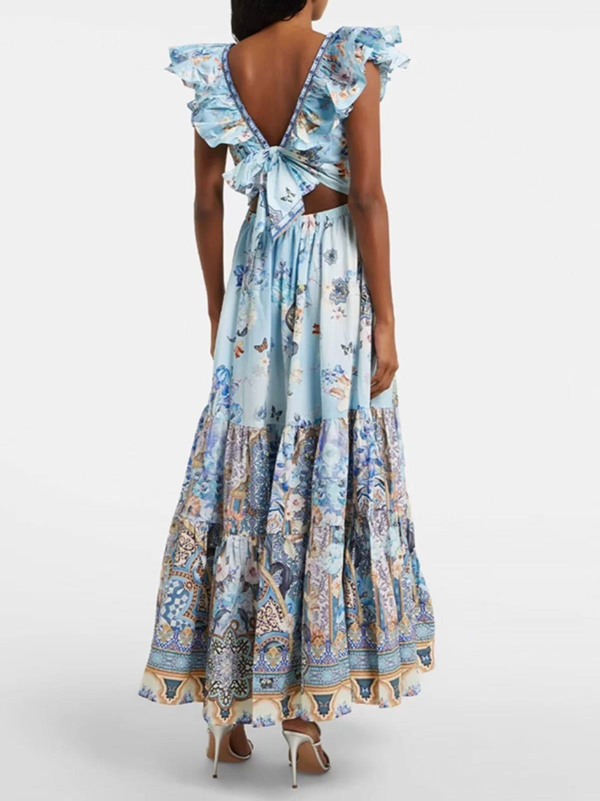 CAMILLA* Double V-neck lotus sleeve waist print skirt