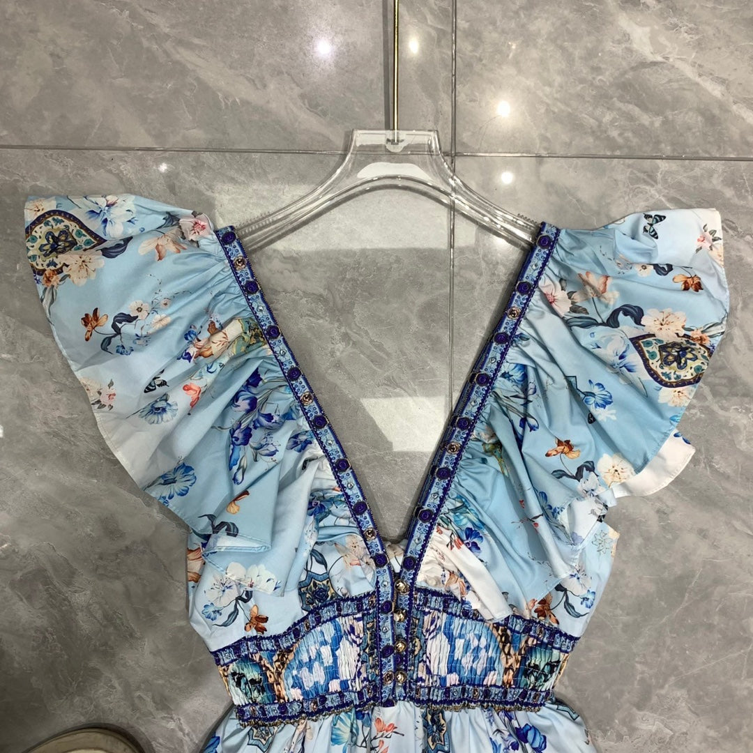 CAMILLA* Double V-neck lotus sleeve waist print skirt