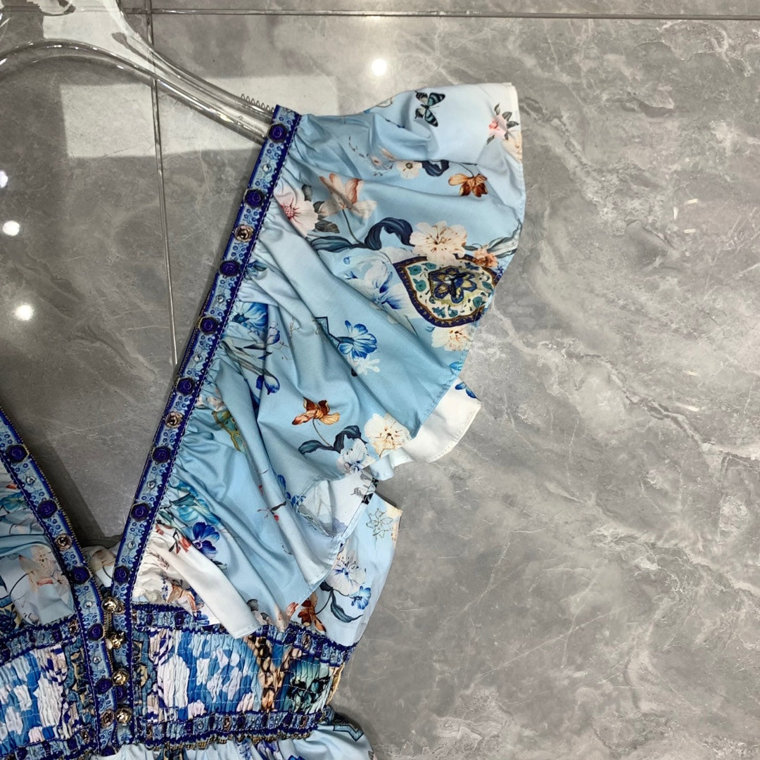 CAMILLA* Double V-neck lotus sleeve waist print skirt