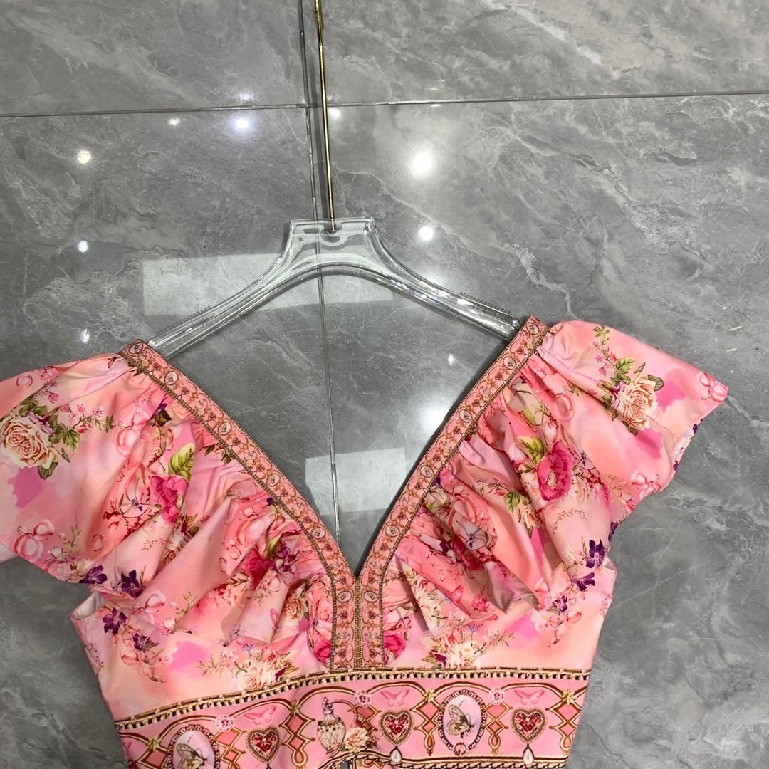 CAMILLA  Double V-neck ruffled back lace-up top + skirt set