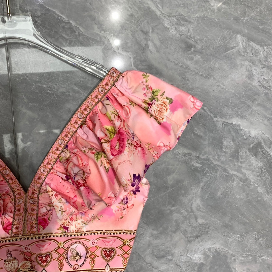 CAMILLA  Double V-neck ruffled back lace-up top + skirt set