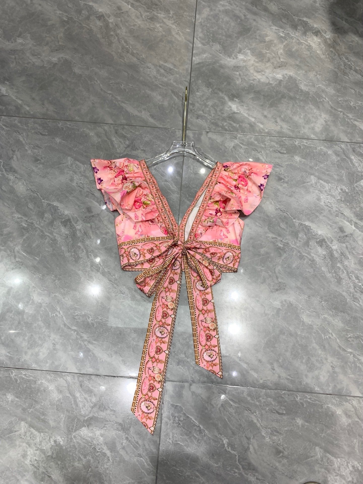 CAMILLA  Double V-neck ruffled back lace-up top + skirt set