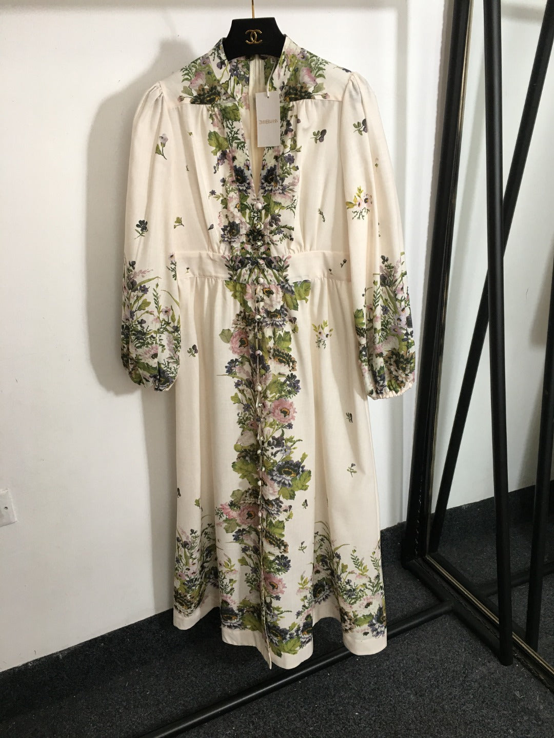 ZIMMERM* Flower Print V-Neck Waist Long Dress