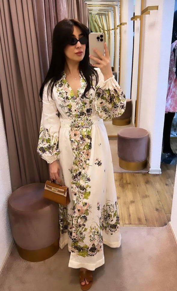 ZIMMERM* Flower Print V-Neck Waist Long Dress