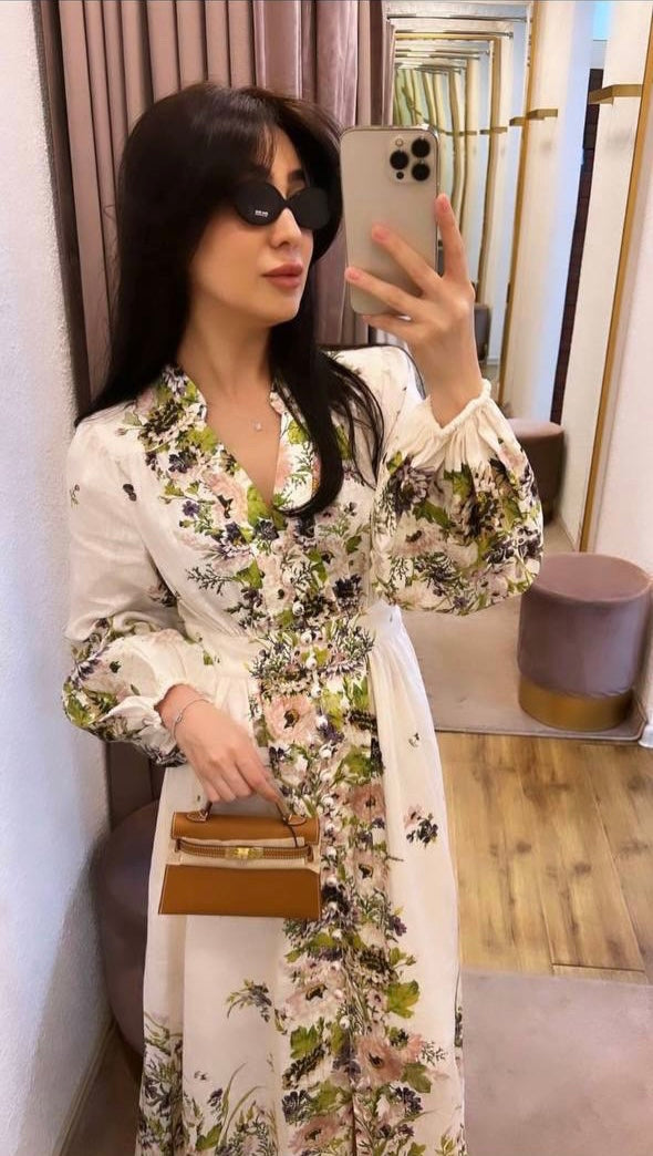 ZIMMERM* Flower Print V-Neck Waist Long Dress