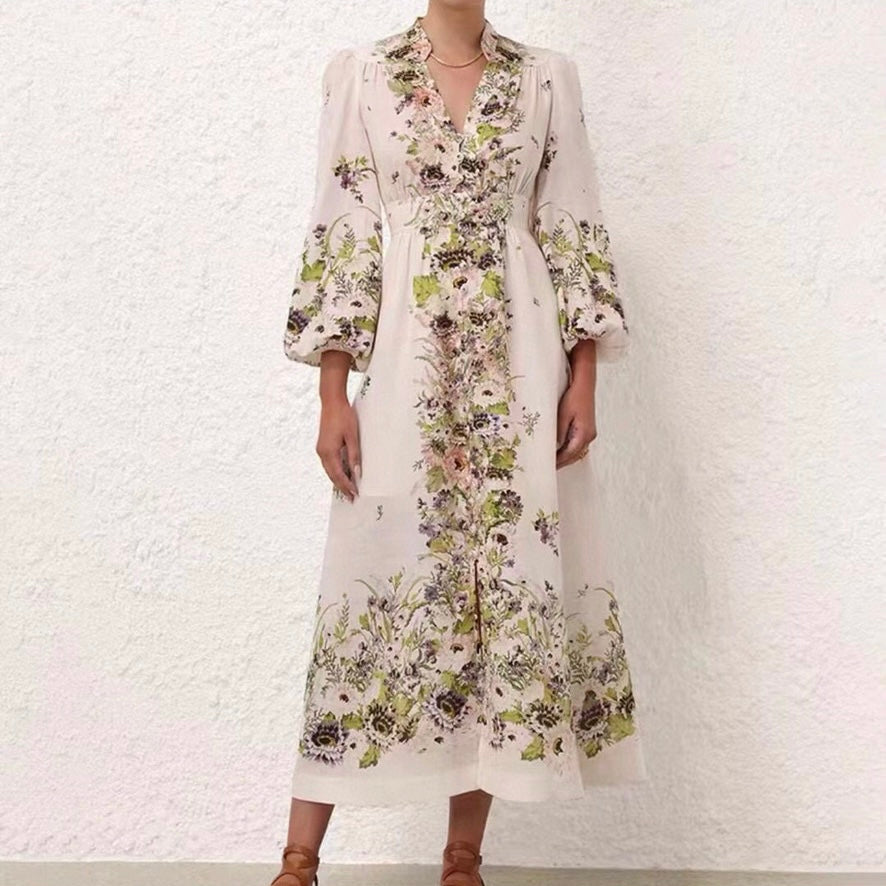 ZIMMERM* Flower Print V-Neck Waist Long Dress