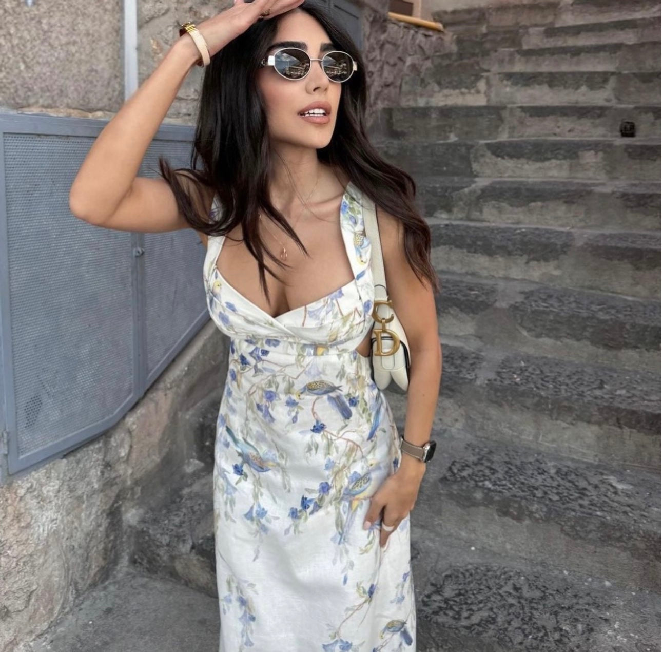 ZIMMERM*Flower and bird print backless suspender dress