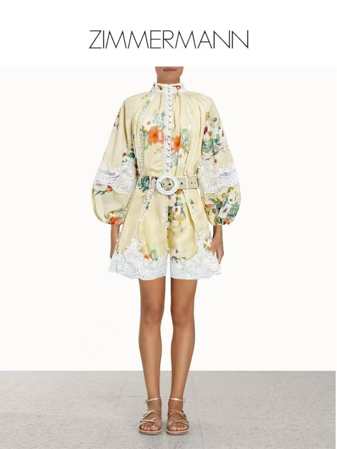 ZIMMERM* Stand-up collar lace top + shorts set