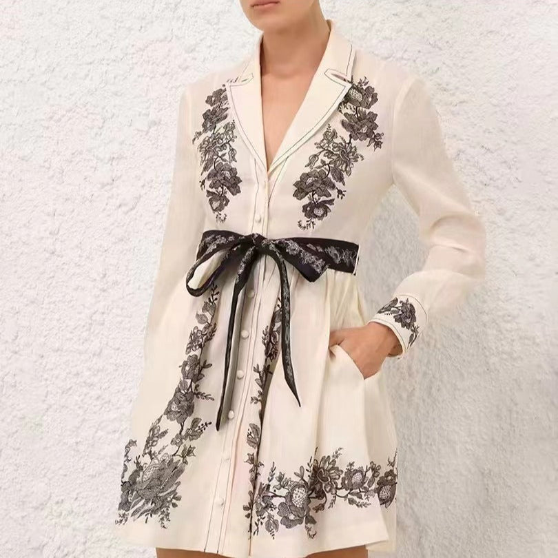 ZIM* Retro Flower Lace-up Waist Lapel Long Sleeve Dress