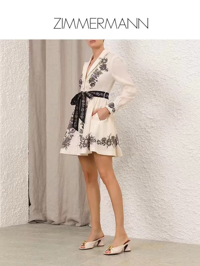 ZIM* Retro Flower Lace-up Waist Lapel Long Sleeve Dress