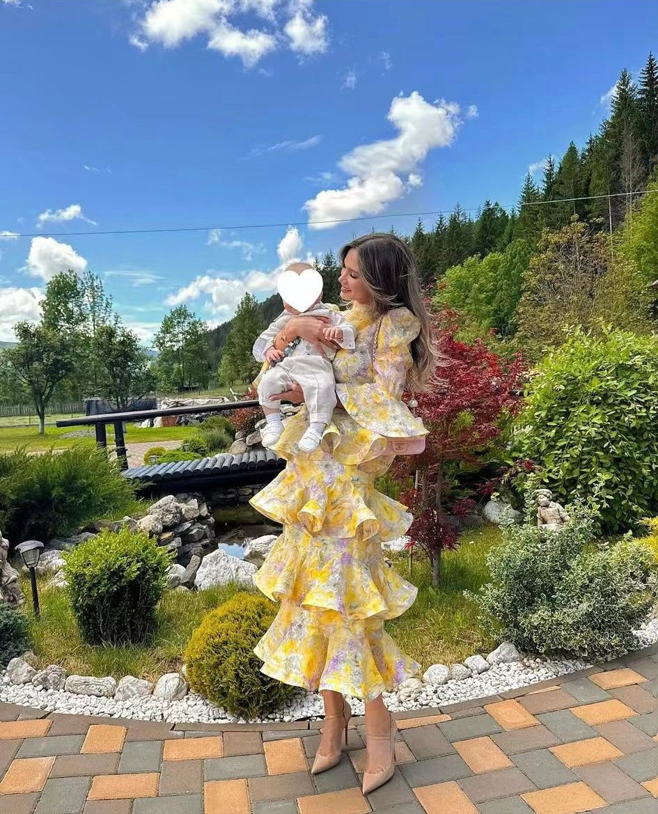 ZIM* Floral Print Tie-Waist Flared Long Sleeve Cake Dress