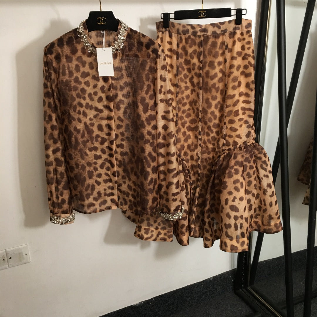 ZIM* Bubble leopard print long-sleeved shirt + high-waist fishtail skirt