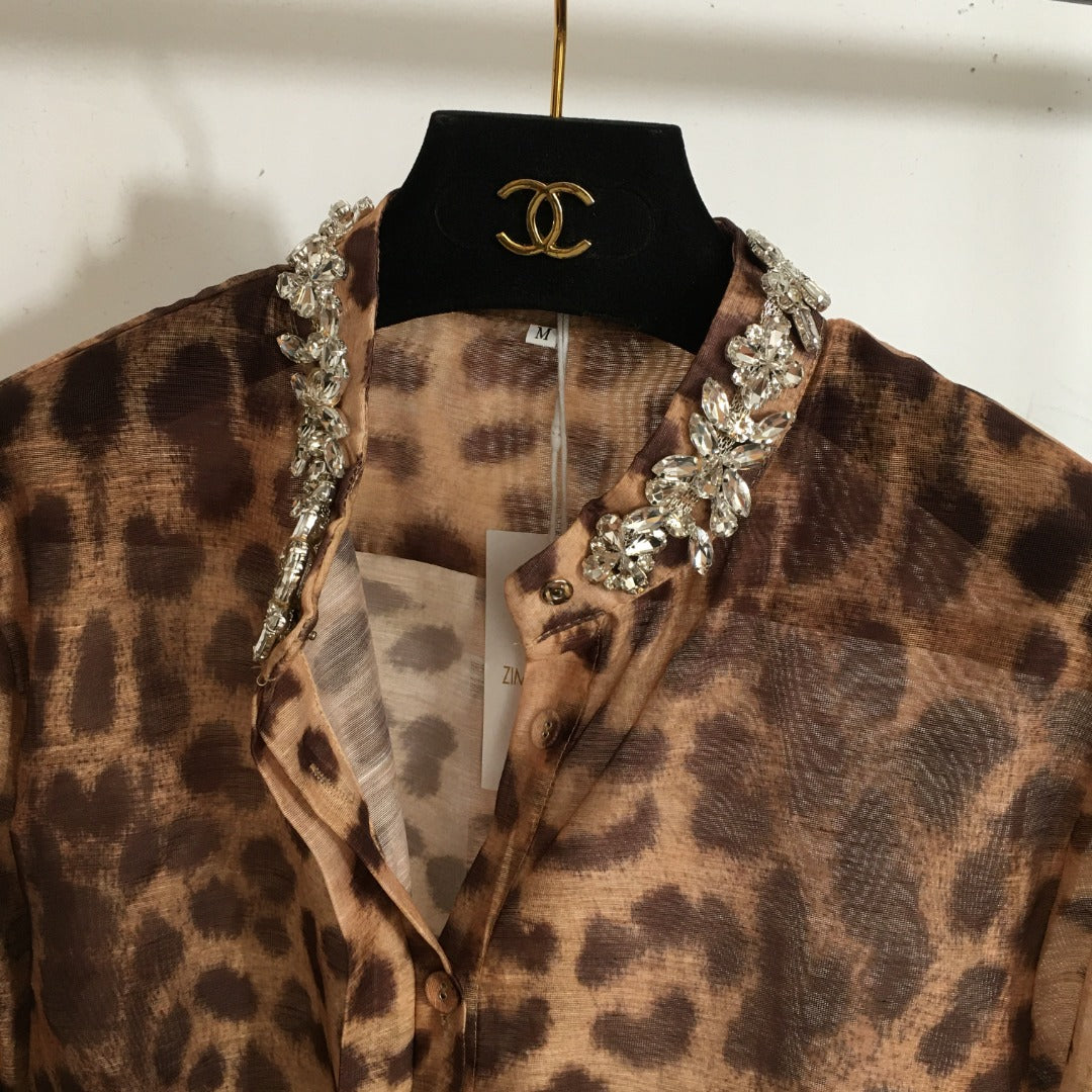 ZIM* Bubble leopard print long-sleeved shirt + high-waist fishtail skirt