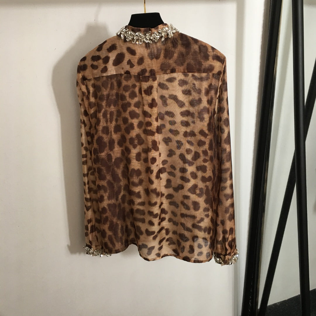 ZIM* Bubble leopard print long-sleeved shirt + high-waist fishtail skirt