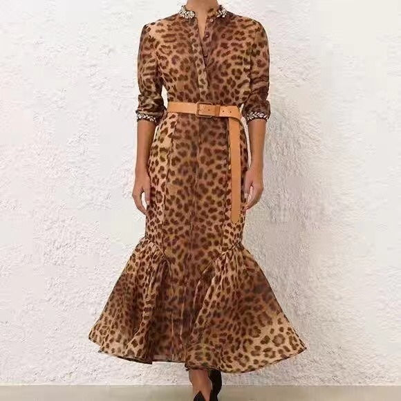 ZIM* Bubble leopard print long-sleeved shirt + high-waist fishtail skirt