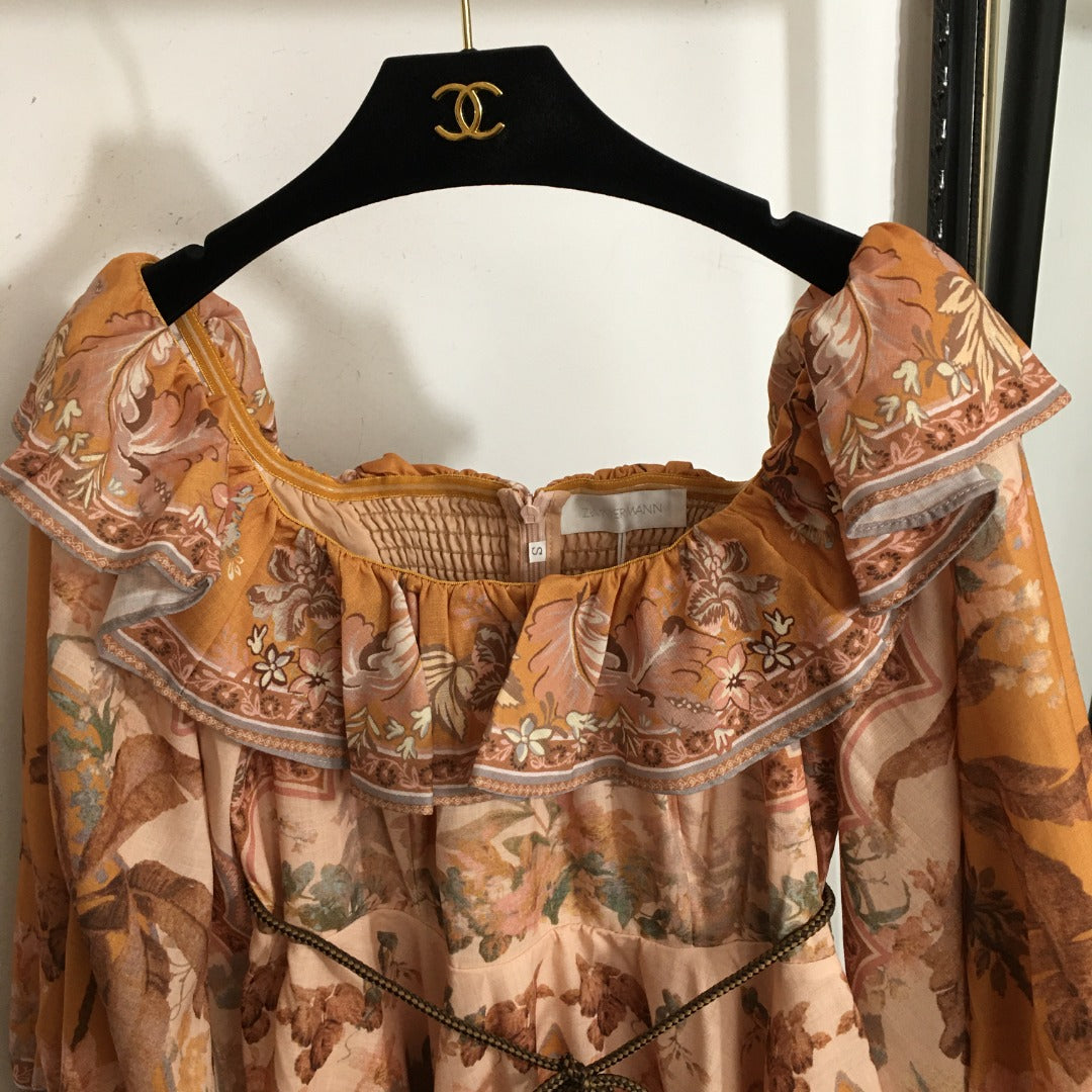 ZIM* Vintage floral print drawstring waist dress