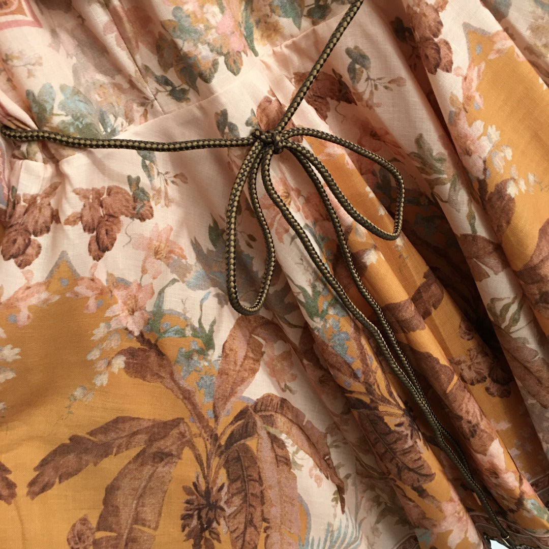 ZIM* Vintage floral print drawstring waist dress