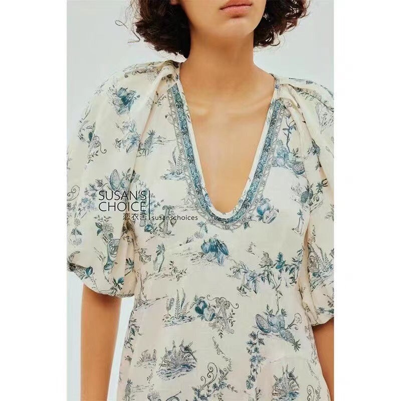 ZIM* Printed U-neck puff short-sleeved dress