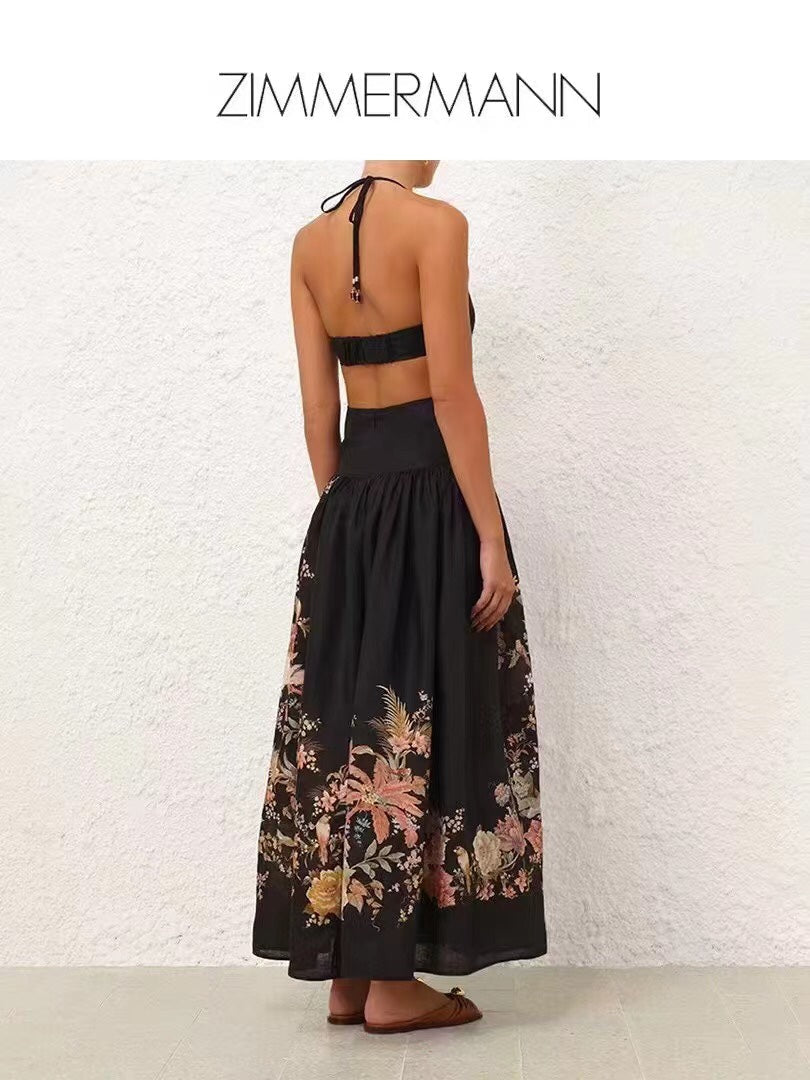 ZIM* Printed Sexy Backless Waist Halter Neck Tank Dress