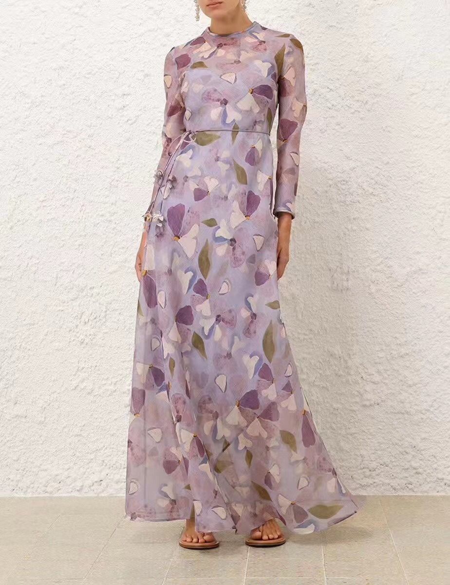 ZIM* Floral Tie Waist Long Sleeve Dress