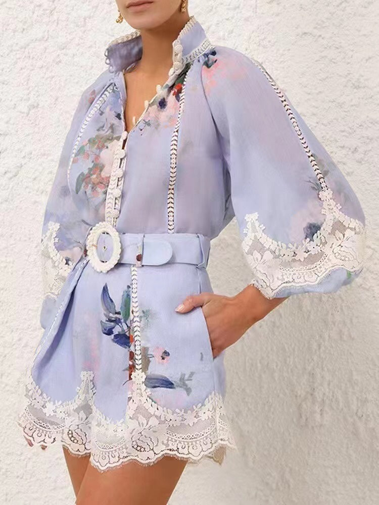 ZIM* Lace Panel Long Sleeve Shirt + Shorts Dress