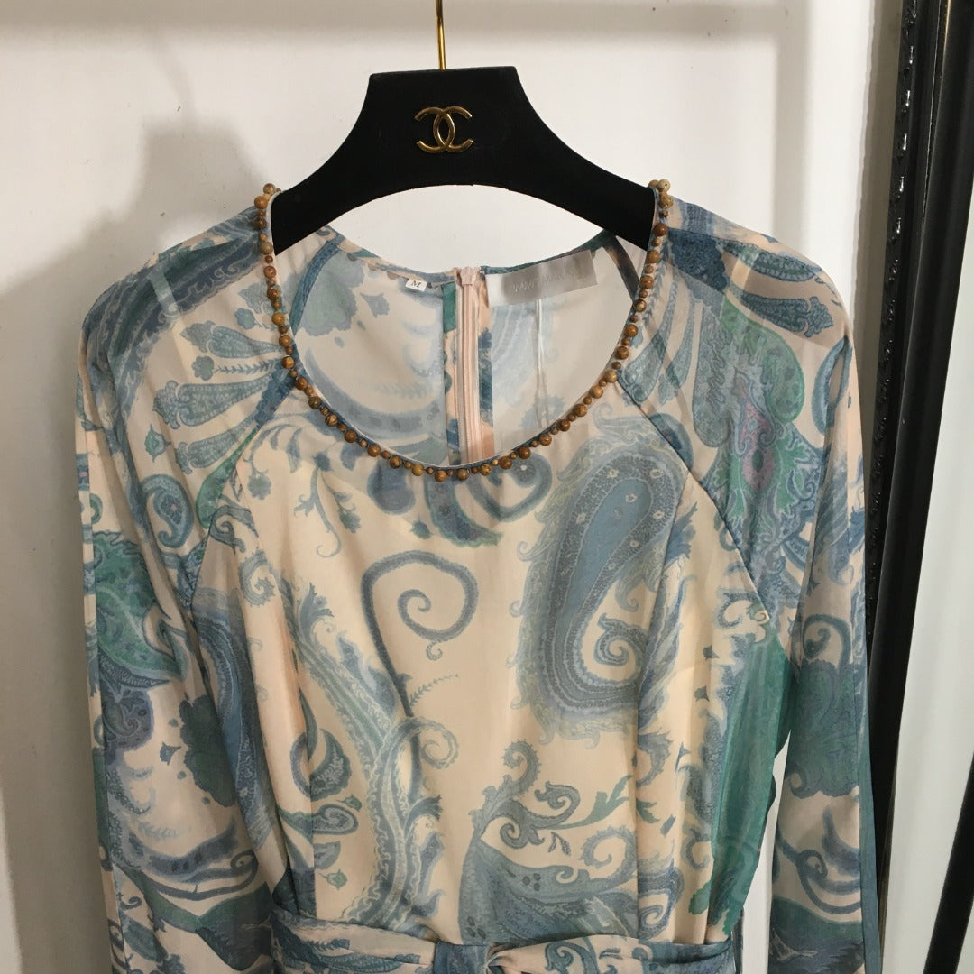 ZIM*Round neck tie waist long sleeve dress