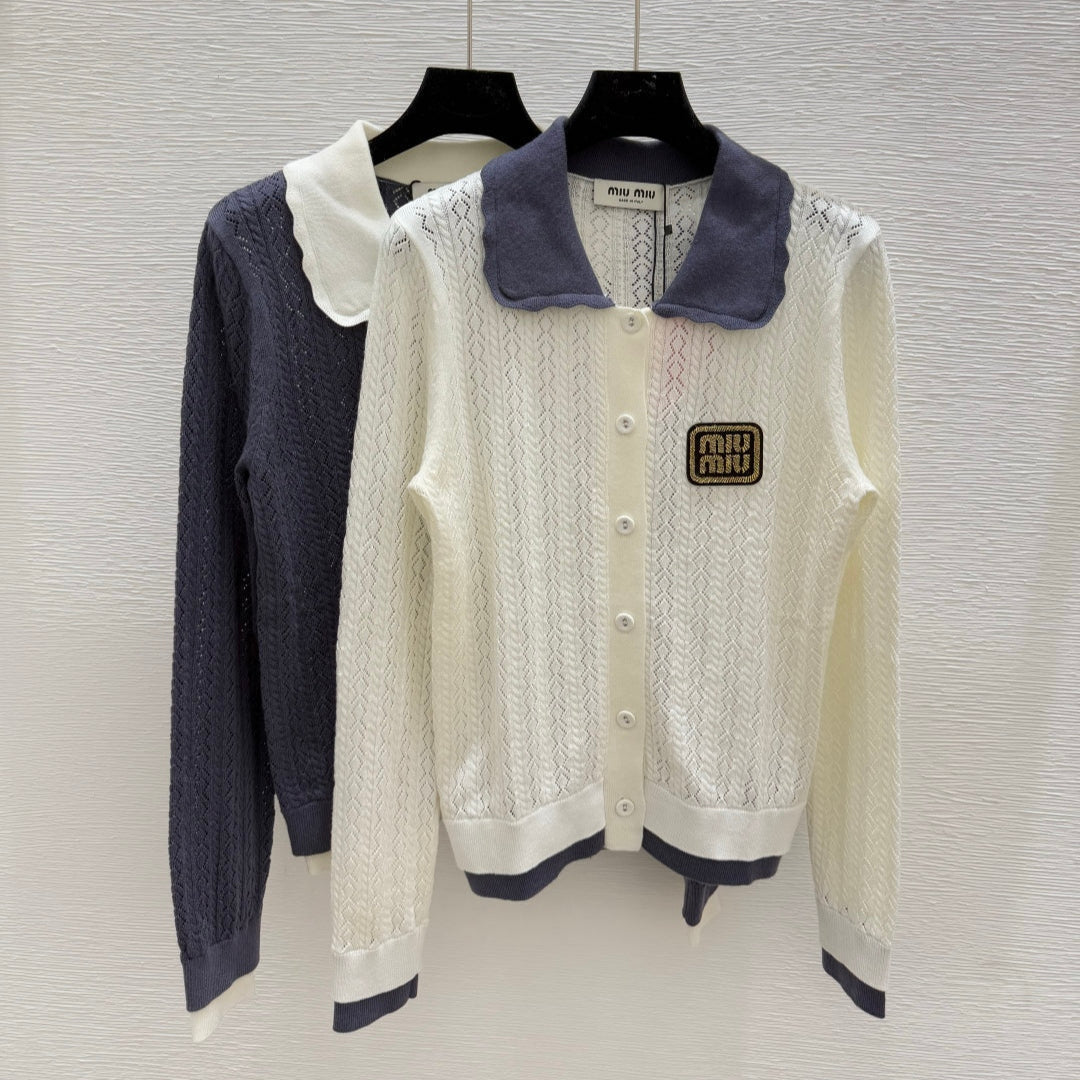MIU* 25SS　Color-block lapel knitted cardigan