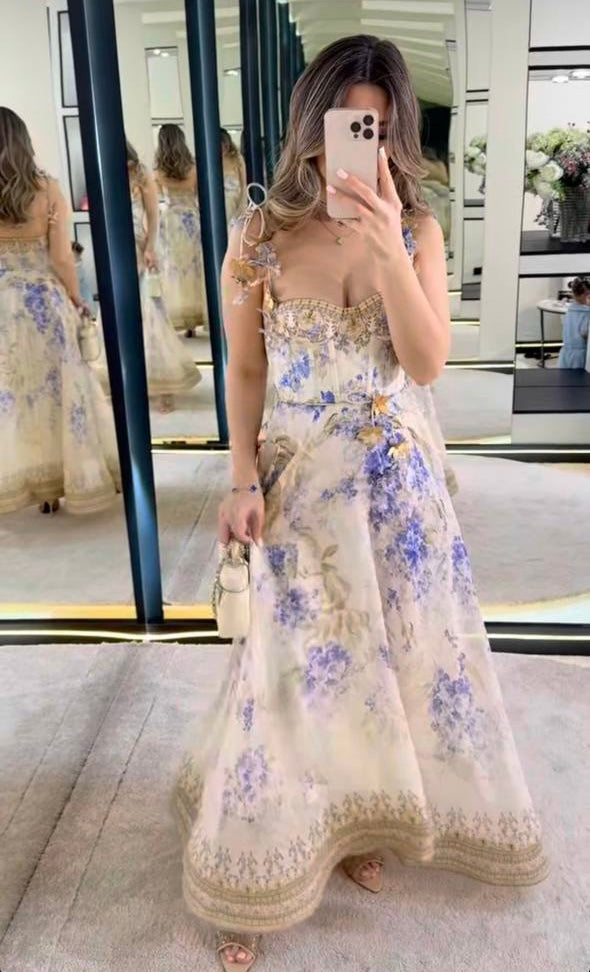 ZIM* Flower Print 3D Butterfly Petal Lace-Up Tube Dress