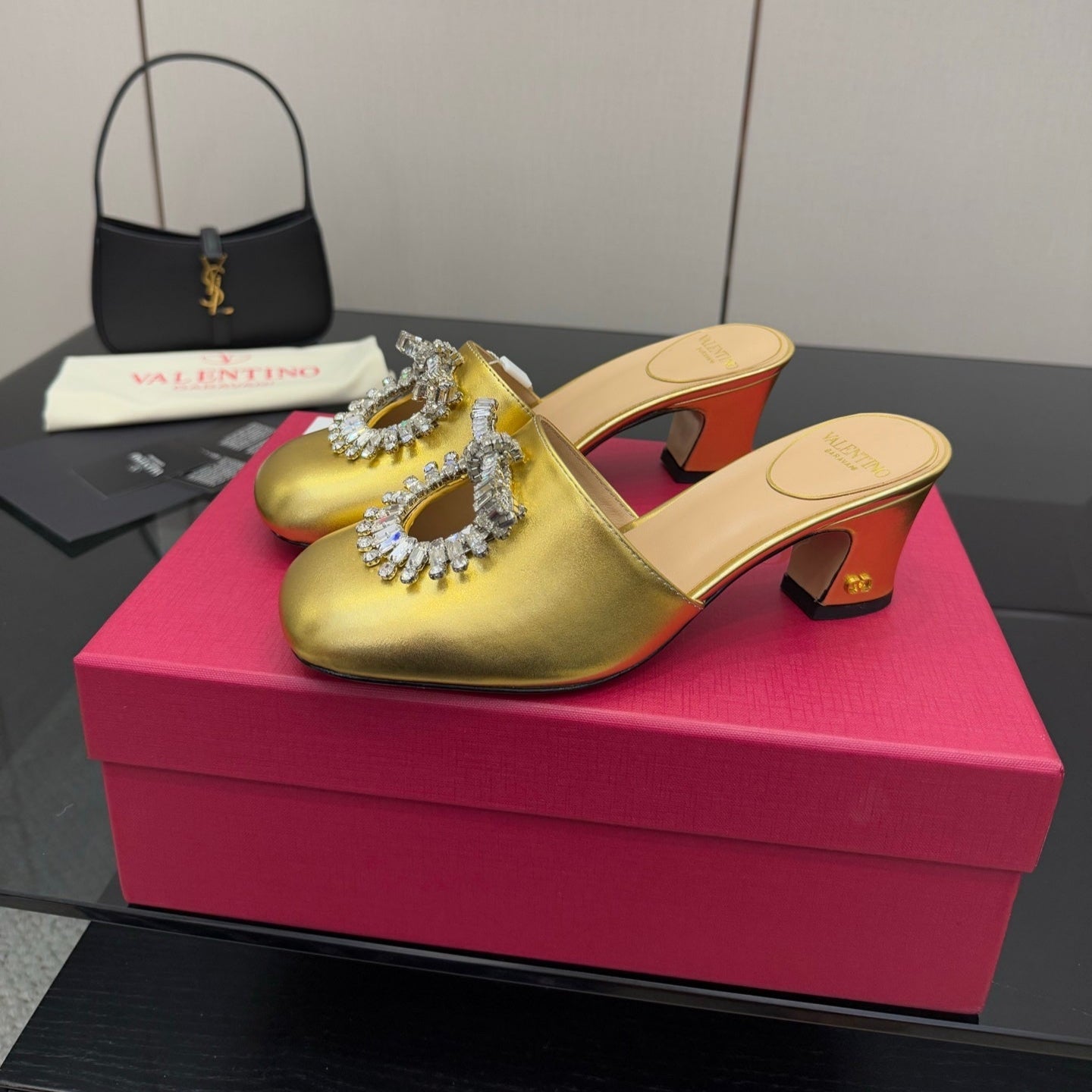 Valentin* 25SS crystal block heel sandals/flat sandals