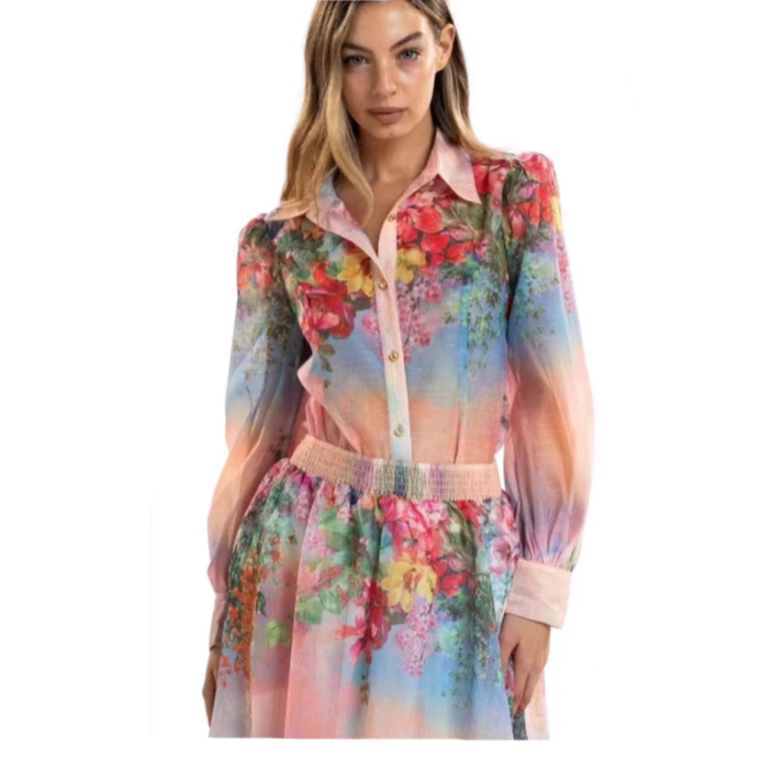 ZIM**** new suit, gradient floral print slim-fit long-sleeved shirt + high-waisted skirt, pink