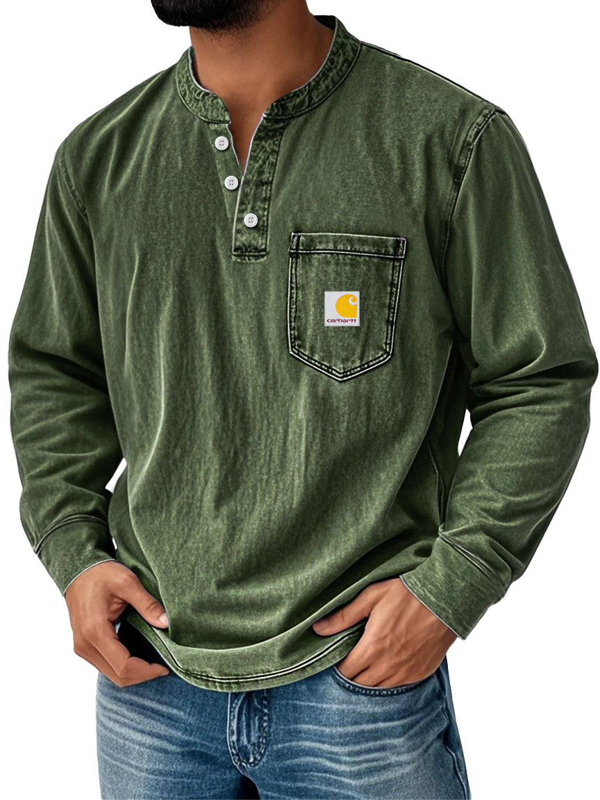 Men's Retro Stand Collar Pocket Casual Distressed Long Sleeve Henley Shirt