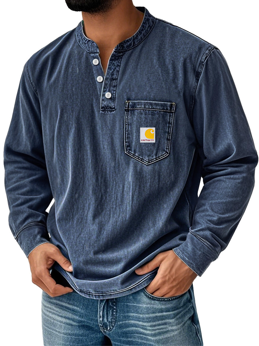 Men's Retro Stand Collar Pocket Casual Distressed Long Sleeve Henley Shirt