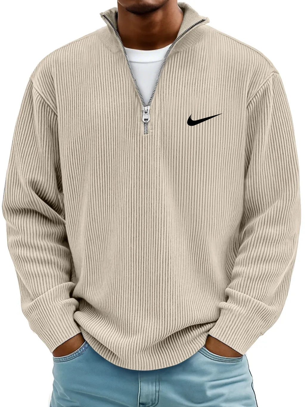 Men's Simple Casual Ribbed Stand Collar Zipper Long Sleeve T-shirt