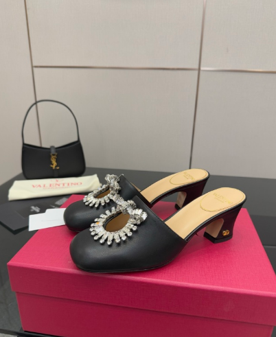 Valentin* 25SS crystal block heel sandals/flat sandals