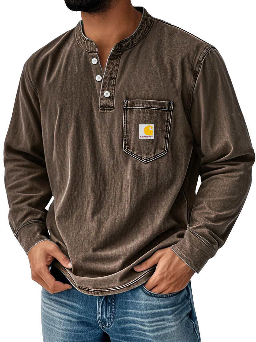 Men's Retro Stand Collar Pocket Casual Distressed Long Sleeve Henley Shirt