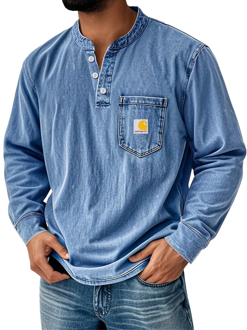 Men's Retro Stand Collar Pocket Casual Distressed Long Sleeve Henley Shirt