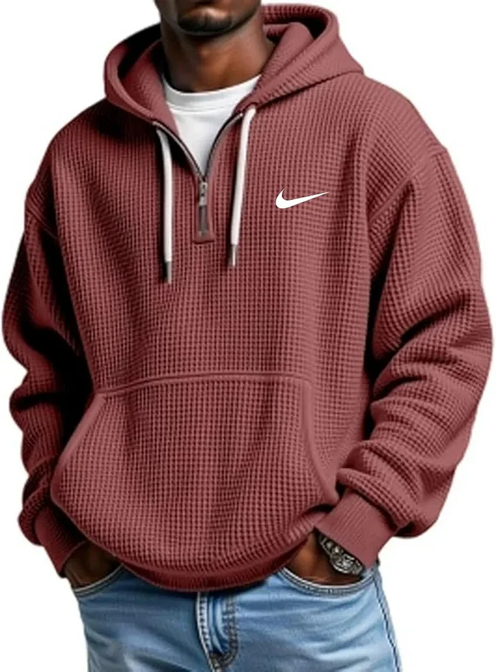 Men's Casual Solid Waffle Zipper Long Sleeve Hooded Sweatshirt
