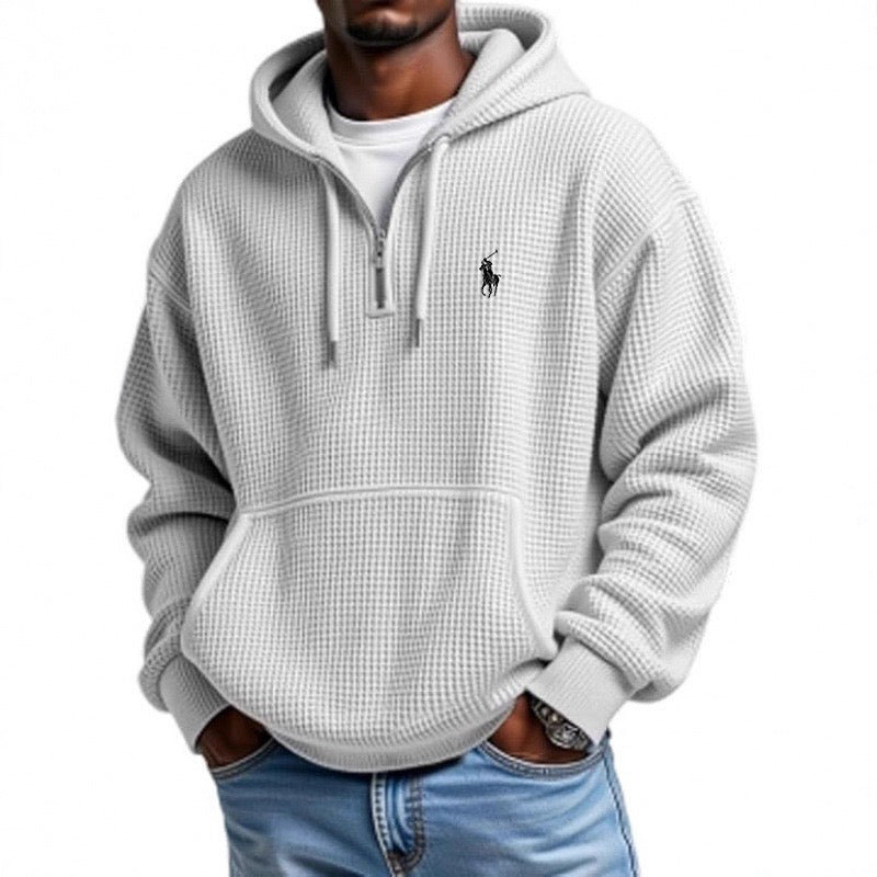 Men's Casual Solid Waffle Zipper Long Sleeve Hooded Sweatshirt