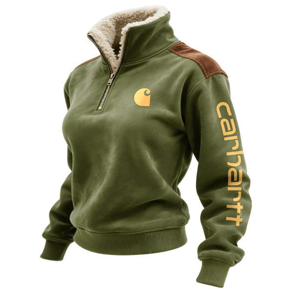 Retro Western Style Women's Contrast Color Patch Suede 1/4 Zip Stand Collar Sweatshirt