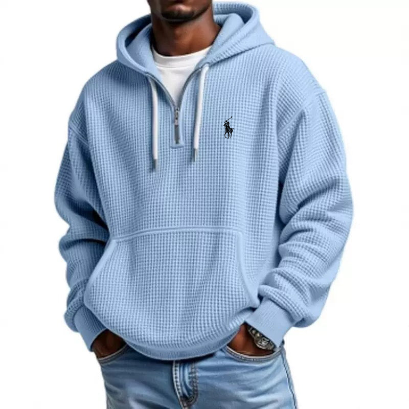 Men's Casual Solid Waffle Zipper Long Sleeve Hooded Sweatshirt