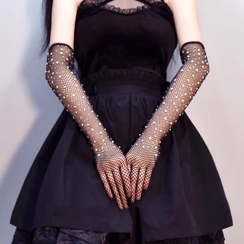 Lace Fishing Net Rhinestone Gloves