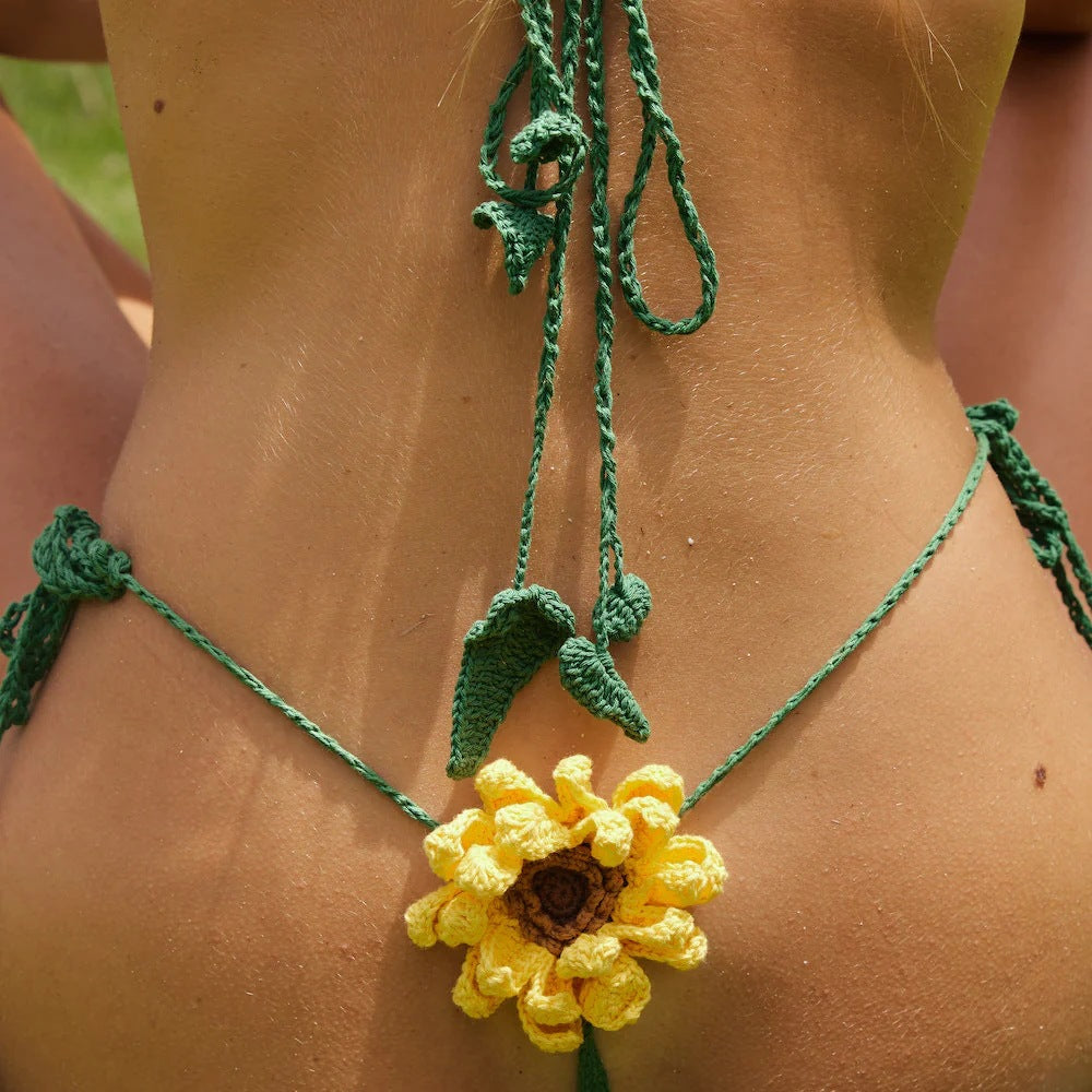 Colorblocked Sunflower Knit Bikini Swimsuit