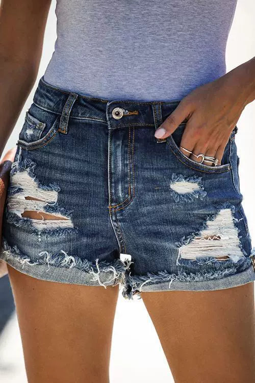 Dark coloured personalised ripped super short jeans