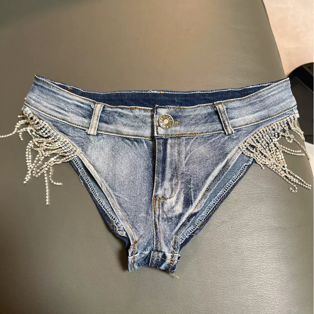 Triangle Stretch Jeans Ultra Shorts with Diamond Fringe